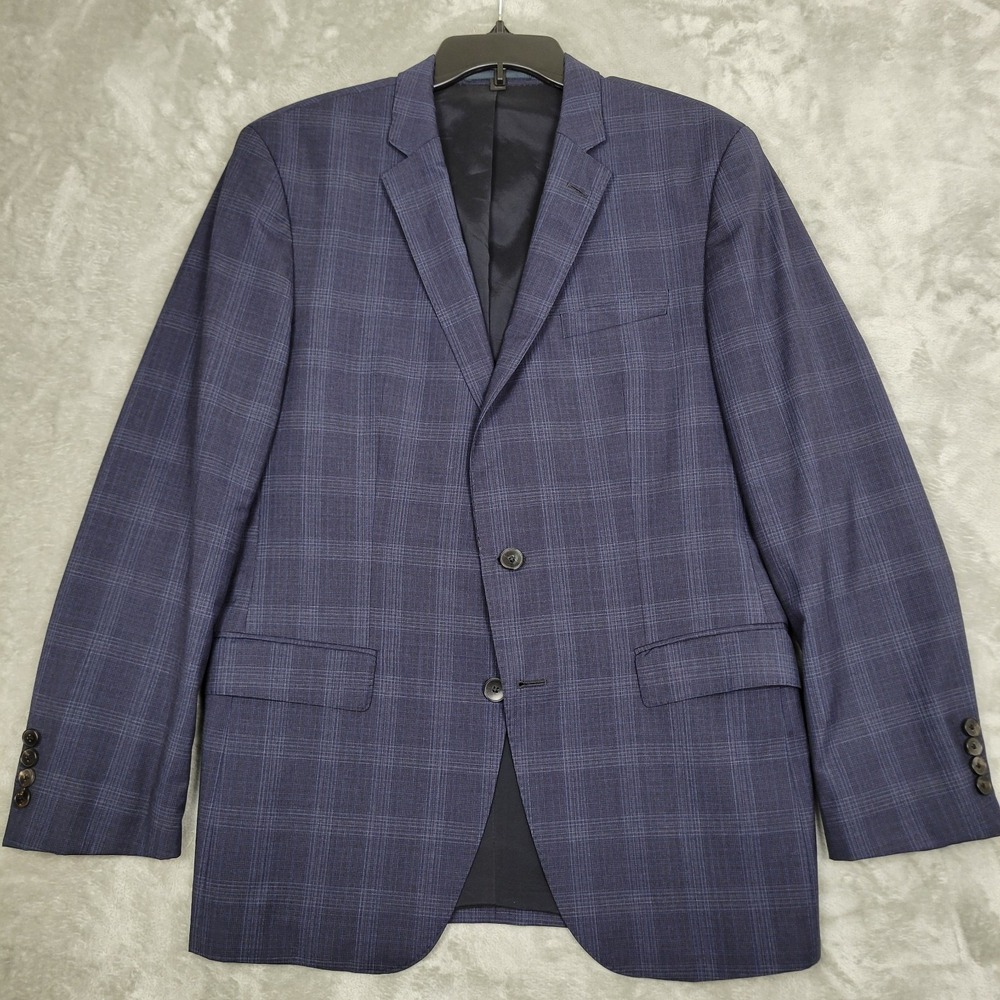 Hugo Boss Men's 42R Blue Glen Plaid 100% Wool Slim Fit Blazer Jacket 2-Button
